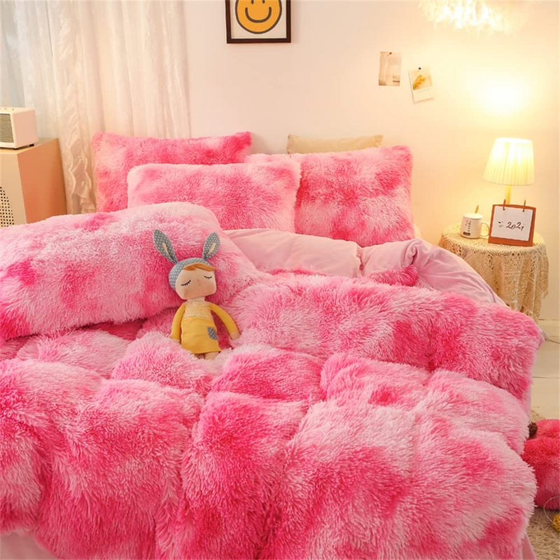 Gusuhome Faux Fur Plush Comforter Set Full/Queen Tie Dye Pink White Shaggy Fluffy Fuzzy Comforter Luxury Ultra Soft Microfiber Bedding Set 3 Pieces (Comforter x 1 Pillowcases x 2) … - Image 2